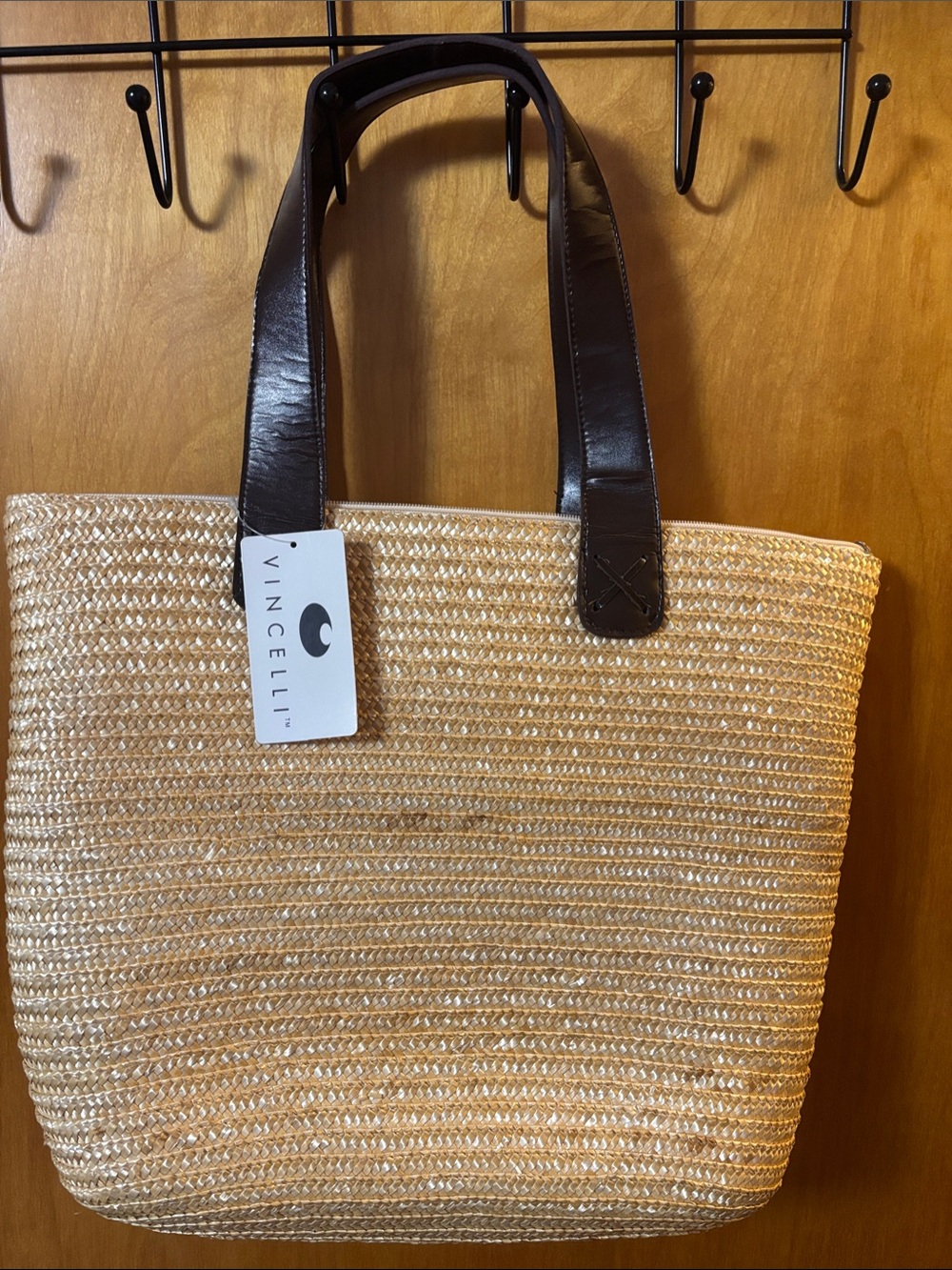 Vincelli Natural Straw Tote with Dark Brown Leather Handles